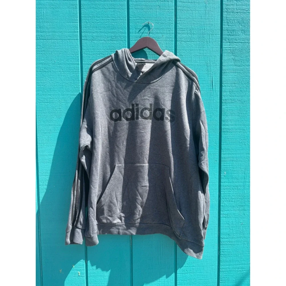 Adidas Mens Essentials Linear Logo Hoodie Gray 3-Stripe Pullover‎ Sweatshirt 2XL